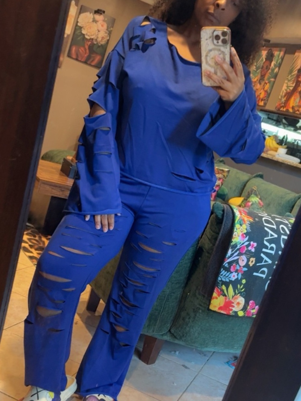 Blue Distressed Two-Piece Jumpsuit Set - Women's runs big!!